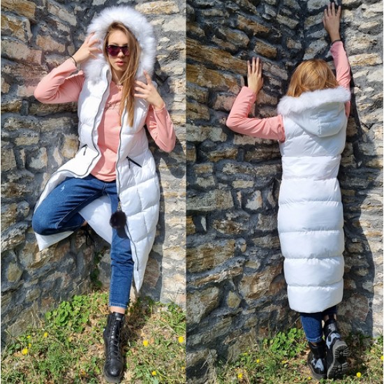 Дамски, дълъг елек с качулка, 115см, City Angels Jeans, Бял, 6801